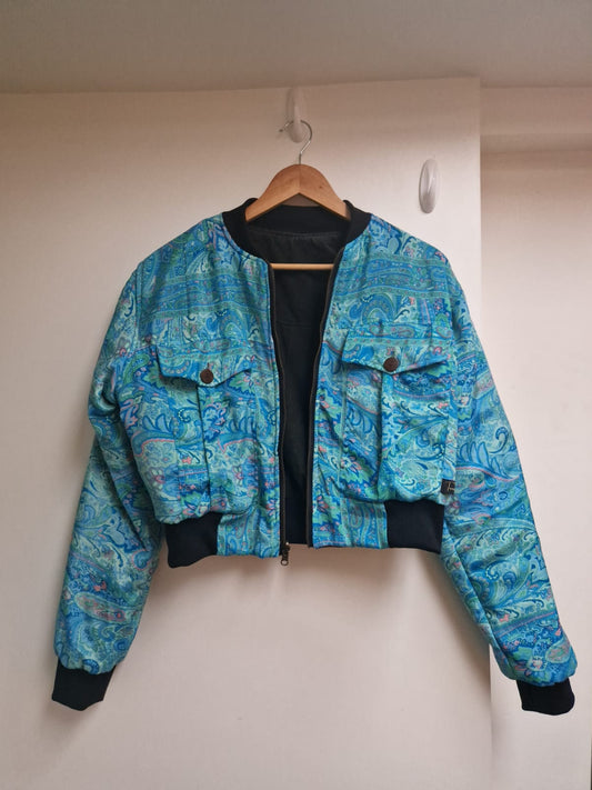 Cropped reversible bomber jacket (Forest green and Bluebird print)