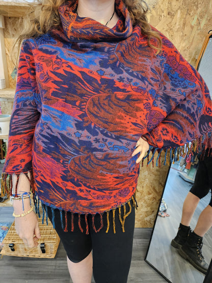 Vegan "Wool" Cowl Neck Poncho - Nature Patterns