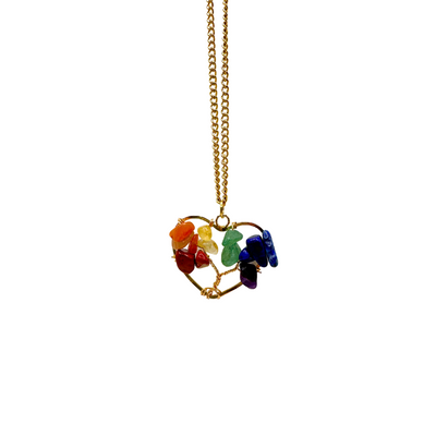 Rainbow Chakra Heart Chip Gemstone Necklace