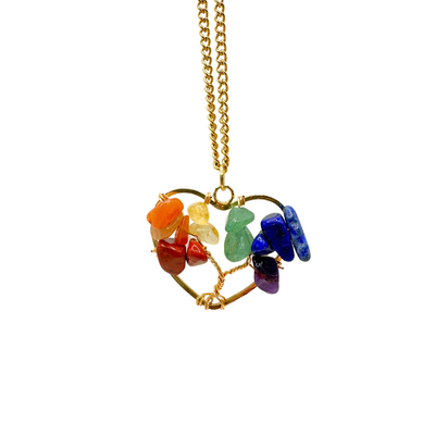 Rainbow Chakra Heart Chip Gemstone Necklace