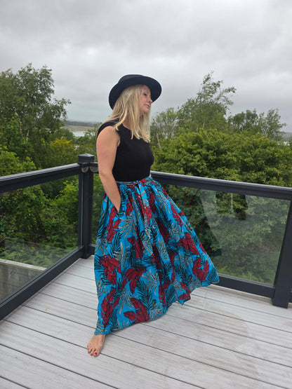 Long and Full Skirt in Pink or Blue leaf print