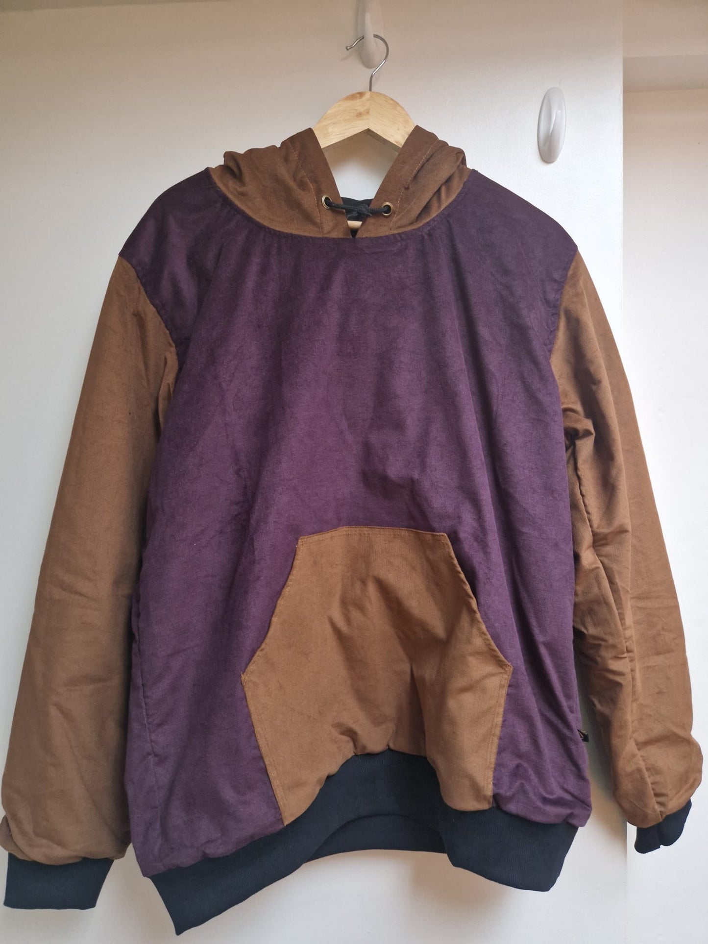 Two tone organic cord hoodie with organic cotton lining (Aubergine and Tan)