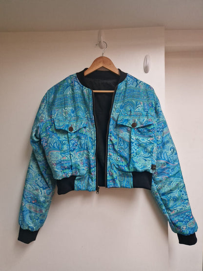 Cropped reversible bomber jacket (Forest green and azure print)