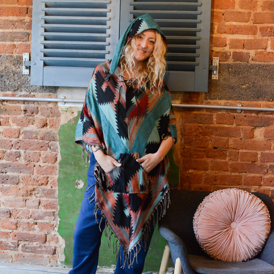 Vegan "Wool" Hooded Poncho - Aztec Patterns