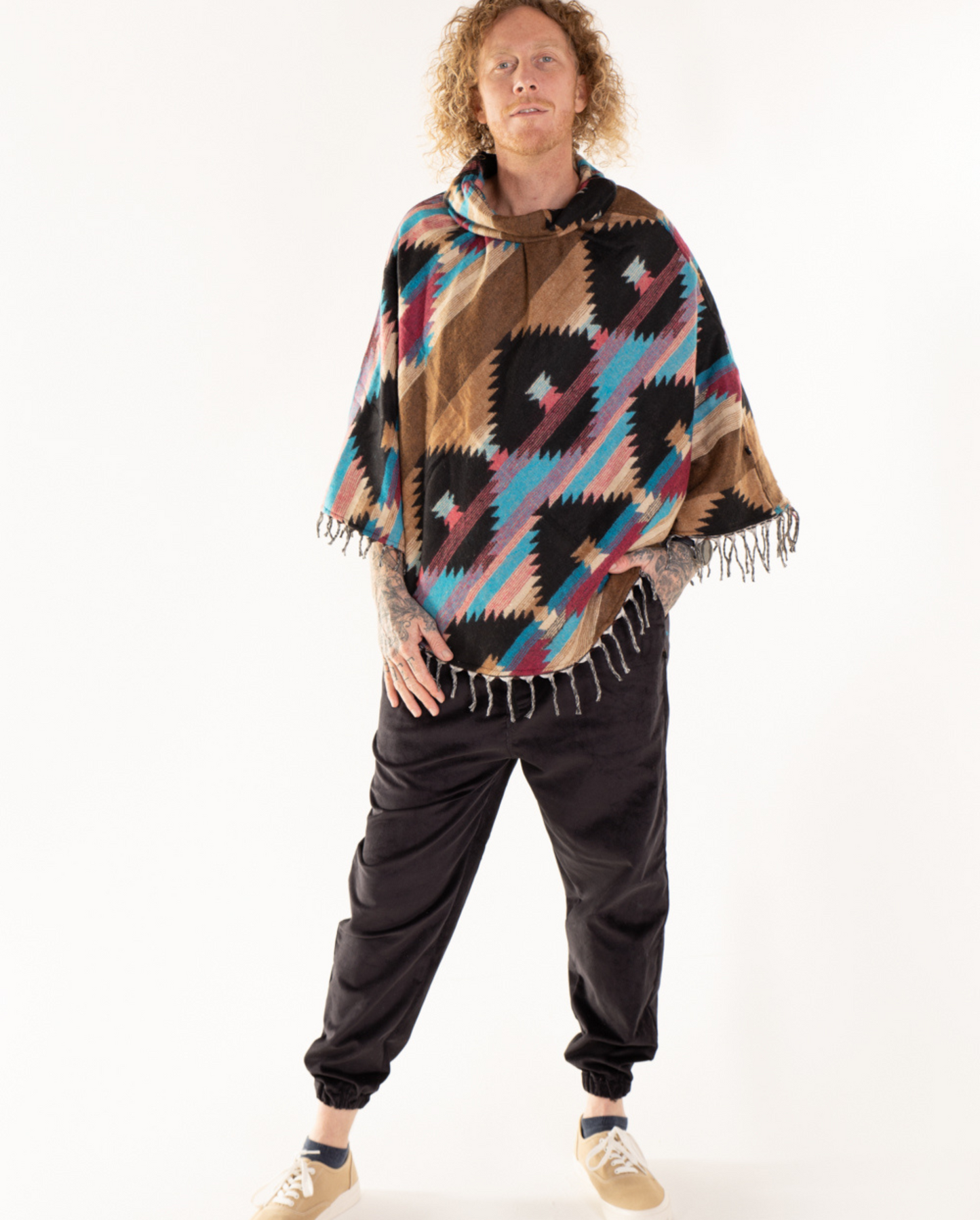 Vegan "Wool" Cowl Neck Poncho - Aztec Patterns