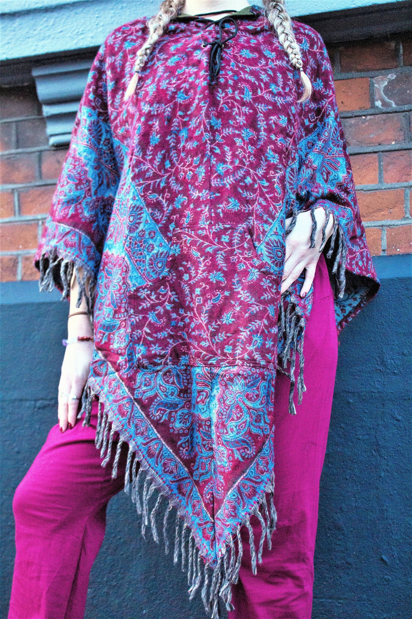 Vegan "Wool" Hooded Poncho - Paisley Patterns